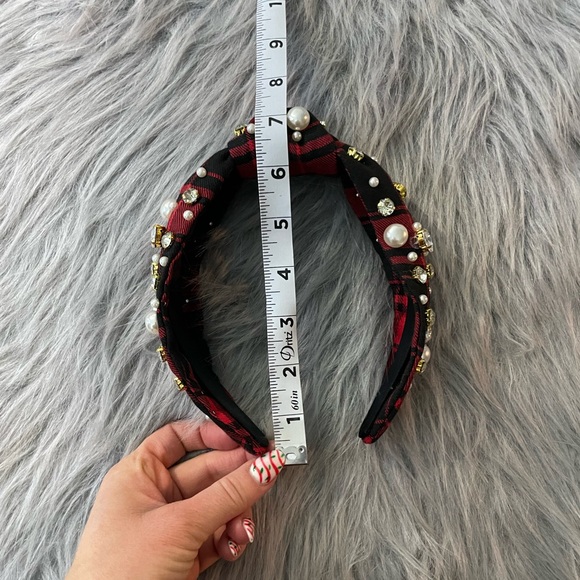 Red Plaid Headband with Pearls and Gems - Picture 7 of 9